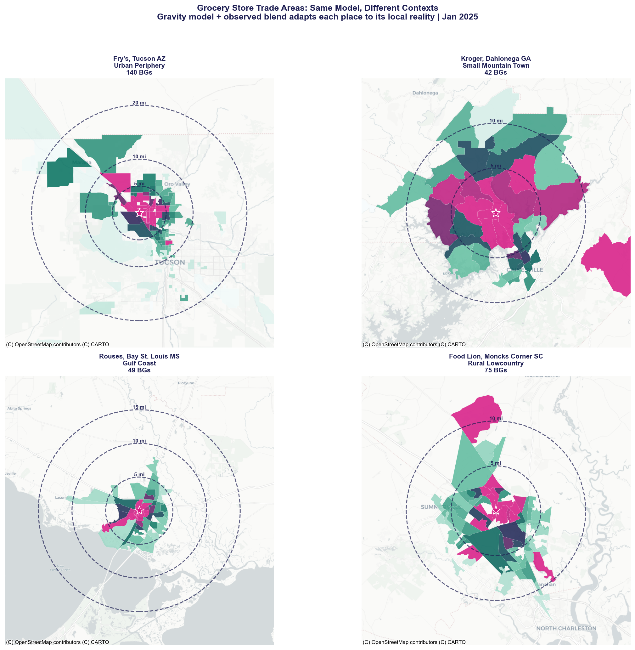 Grocery store trade areas across four geographic contexts